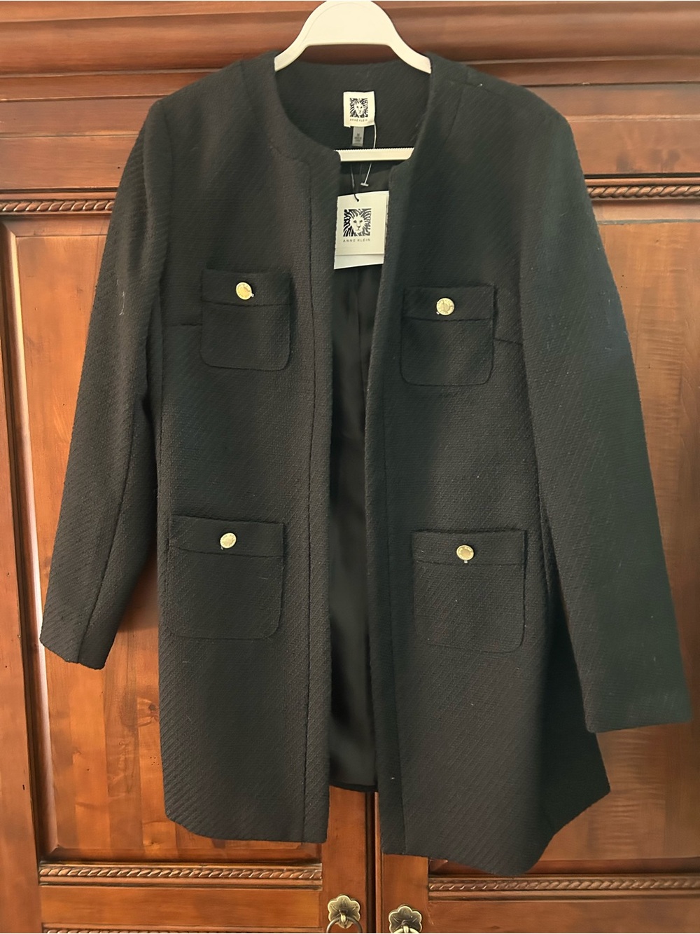 Anne Klein Black Open-Front Textured Longline Blazer with Gold Buttons
